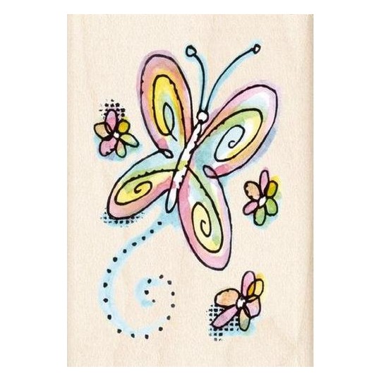 Tampon bois papillon et petites fleurs 6x3.5cm ***