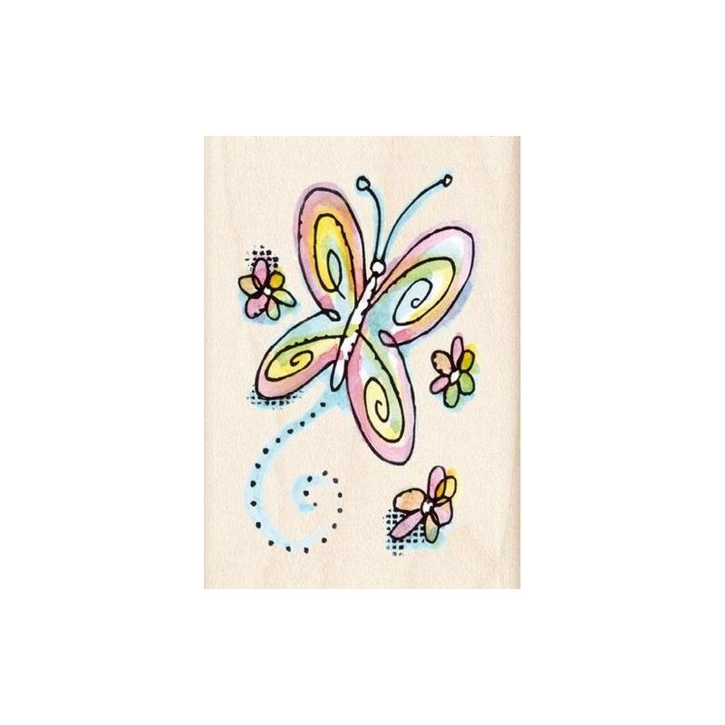 Tampon bois papillon et petites fleurs 6x3.5cm ***