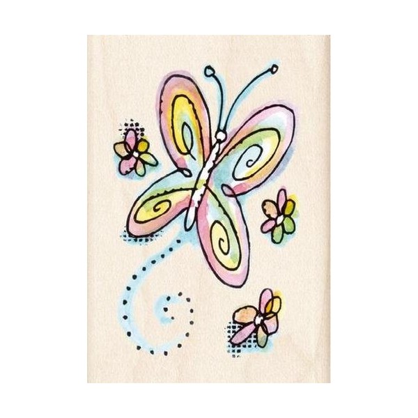 Tampon bois papillon et petites fleurs 6x3.5cm ***