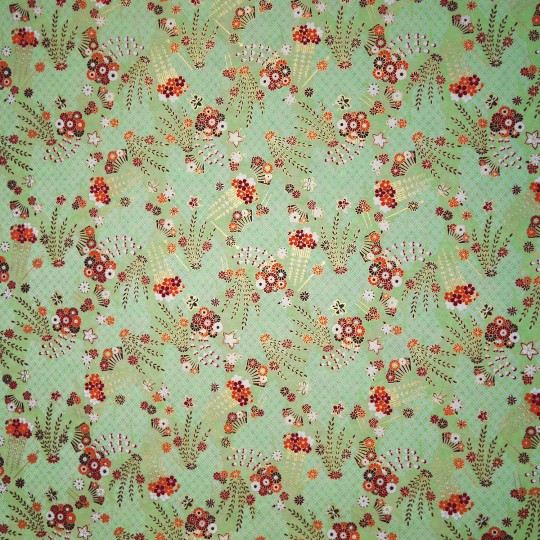 Papier japonais bouquet orange rouge doré fond vert d'eau 50x70cm Papier japonais bouquet orange rouge doré fond vert d'eau 50x70cm