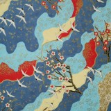 Papier japonais grues et cerisiers japonais bleu, rouge et or 50x70cm