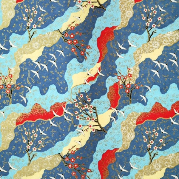 Papier japonais grues et cerisiers japonais bleu, rouge et or 50x70cm