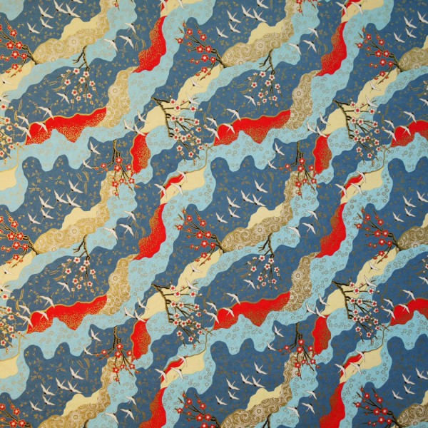 Papier japonais grues et cerisiers japonais bleu, rouge et or 50x70cm
