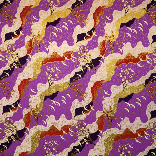Papier japonais grues et cerisiers fond violet 50x70cm Papier japonais grues et cerisiers fond violet 50x70cm