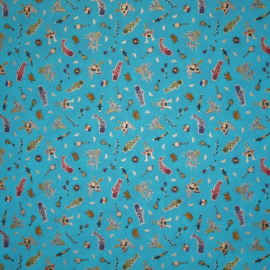 Papier japonais poissons et symboles samouria fond bleu 50x70cm