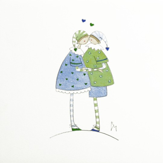 Aquarelle Brigitte Misériaux choupinets couple bisous vert bleu Aquarelle Brigitte Misériaux choupinets couple bisous vert bleu