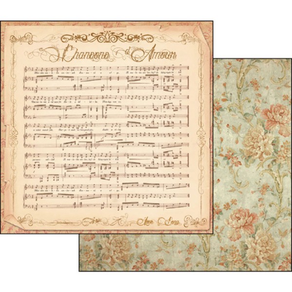Papier scrapbooking réversible vintage musique et roses anciennes