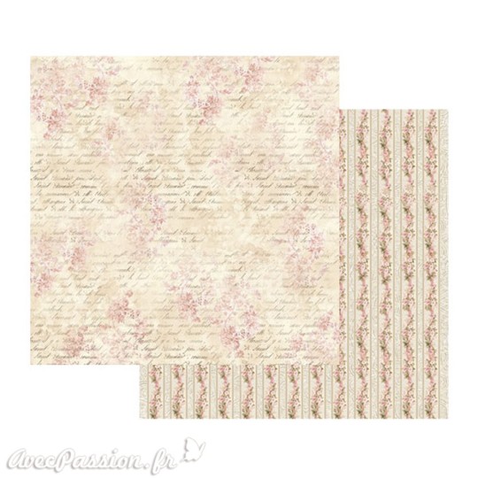 Papier scrapbooking réversible shabby frise roses et écritures