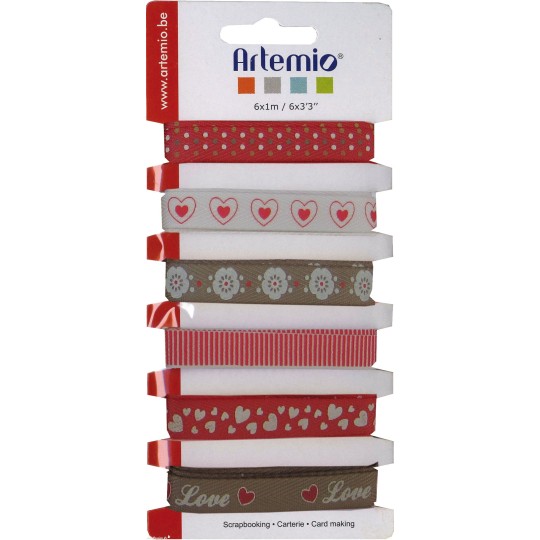 Ruban tissu amour 1cm assortiment de 6 rubans de 1cmx1m Ruban tissu amour 1cm assortiment de 6 rubans de 1cmx1m
