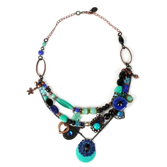 Collier fantaisie Clairébelle bleu turquoise 3 rangs - Collier fantaisie Clairébelle bleu turquoise 3 rangs -