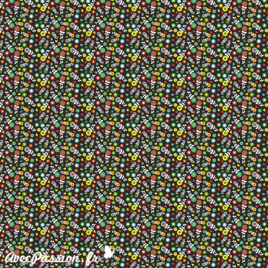 Feuille décopatch fond noir petites fleurs multicolores Feuille décopatch fond noir petites fleurs multicolores