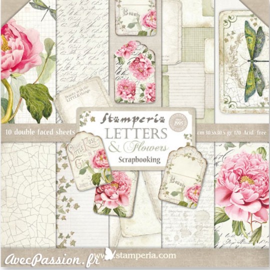 Papier scrapbooking assortiment roses vintage 10f recto verso