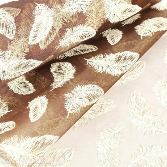 Tissu non tissé Vlies Creapop marron plume crème et or - Tissu non tissé Vlies Creapop marron plume crème et or -