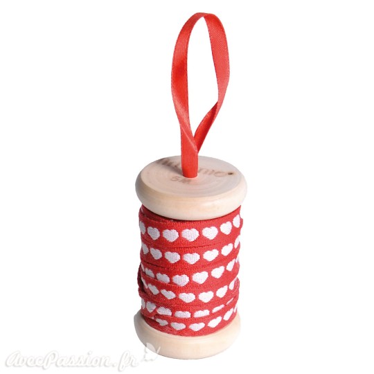 Ruban en bobine tissu coeur blanc sur rouge 1cmx5m Ruban en bobine tissu coeur blanc sur rouge 1cmx5m