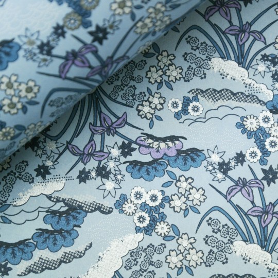 Papier japonais washi plantes et fleurs fond bleu