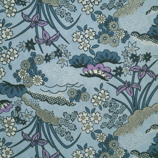 Papier japonais washi plantes et fleurs fond bleu
