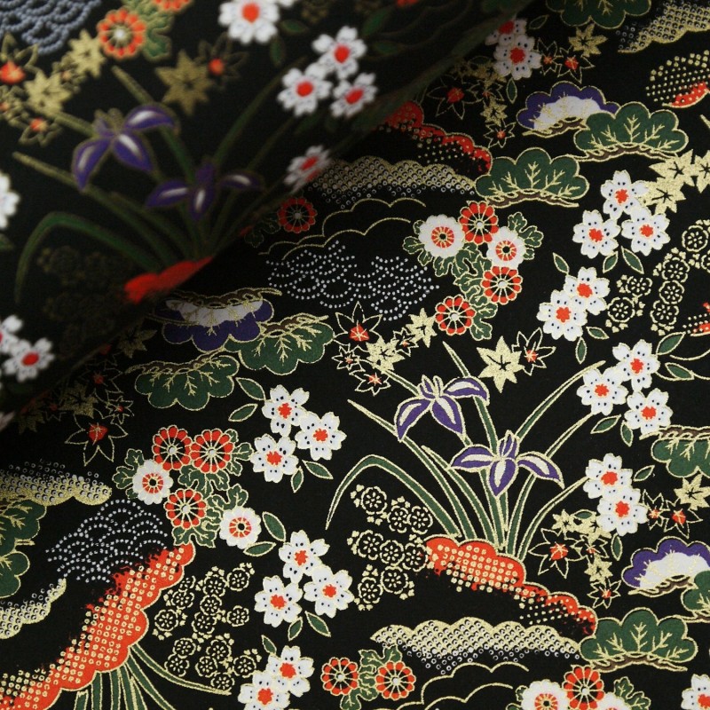 Papier japonais washi plantes et fleurs fond noir