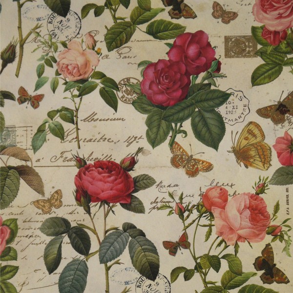 Papier italien motifs roses anciennes et papillons