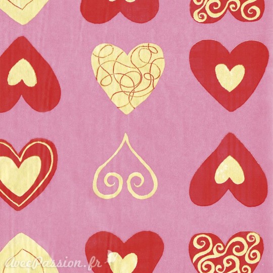 Feuilles décopatch fond rose coeur rouge et or Feuilles décopatch fond rose coeur rouge et or