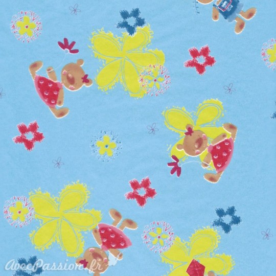 Feuilles décopatch fond turquoise fleurs jaune fuschia et nounours Feuilles décopatch fond turquoise fleurs jaune fuschia et nounours
