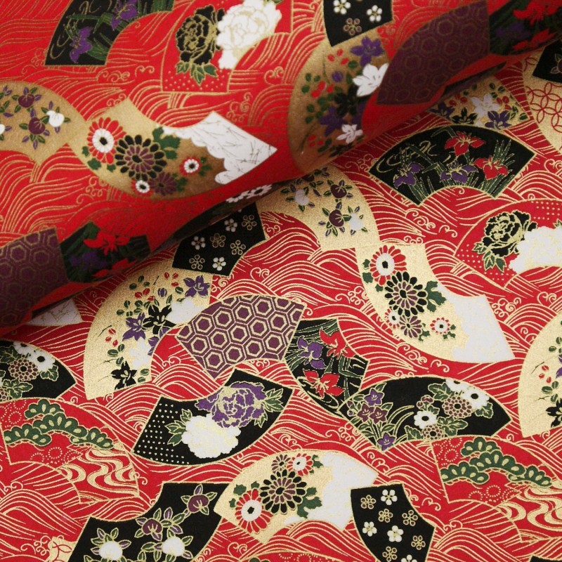 Papier japonais washi éventail or rouge