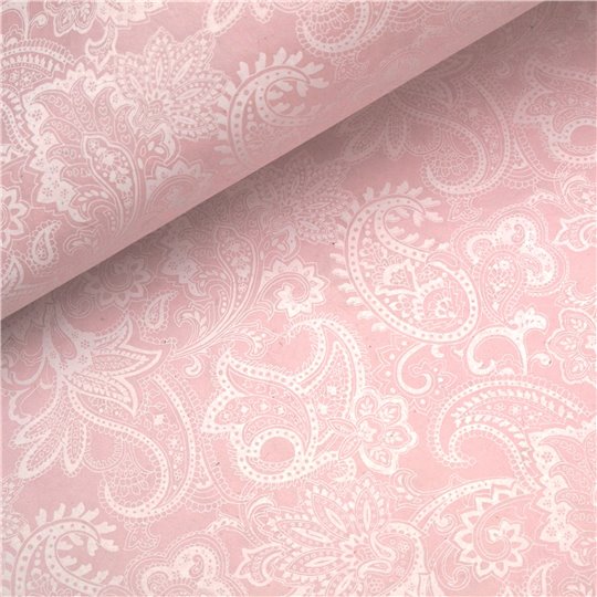 Papier népalais lokta paisley arabesque rose bébé et blanc