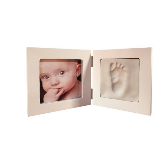 Cadre photo + moulage empreinte bébé en bois peint blanc 12.5x12.5 Cadre photo + moulage empreinte bébé en bois peint blanc 12.5x12.5