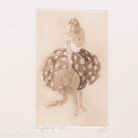 Gravure pointe sèche femme 1900 robe fleurie Gravure pointe sèche femme 1900 robe fleurie