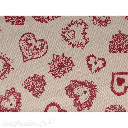 Tissu coton lin coeurs rouge 30x90cm Tissu coton lin coeurs rouge 30x90cm