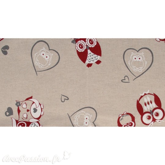Tissu coton lin famille hibou rouge blanc 30x90cm Tissu coton lin famille hibou rouge blanc 30x90cm