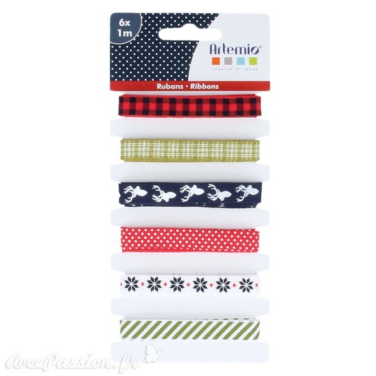 Ruban tissu assortiment noël 6 rubans 1cmx1m Ruban tissu assortiment noël 6 rubans 1cmx1m