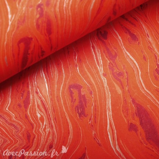 Papier marbré fire orange rouge et argent