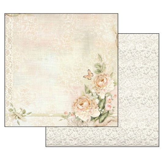 Papier scrapbooking réversible shabby dentelle et pivoine