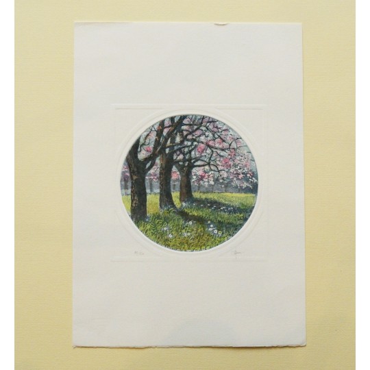 Gravure originale eau forte printemps rond Gravure originale eau forte printemps rond