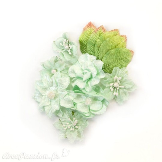 Fleurs givrées en tissu vert d'eau Embellissement Prima 12p Fleurs givrées en tissu vert d'eau Embellissement Prima 12p