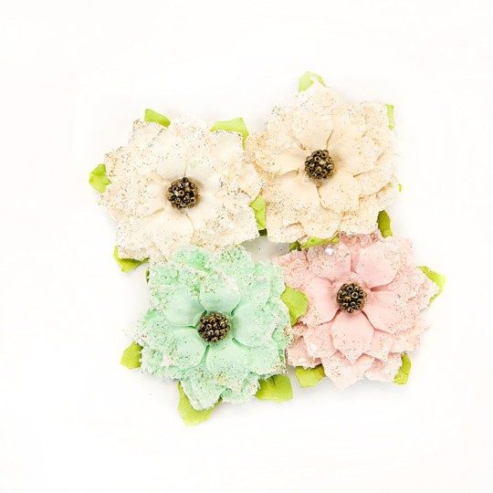 Fleurs Prima givrées en tissu pastel Embellissement 4p Fleurs Prima givrées en tissu pastel Embellissement 4p