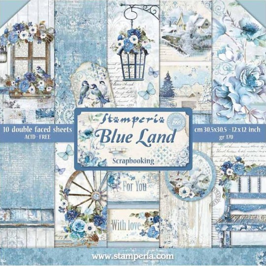 Papier scrapbooking assortiment blue land 10f recto verso 30x30