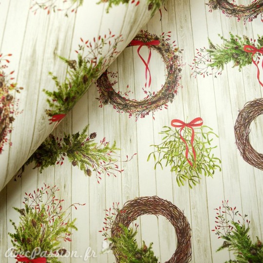 Papier tassotti à motifs couronne noël et gui