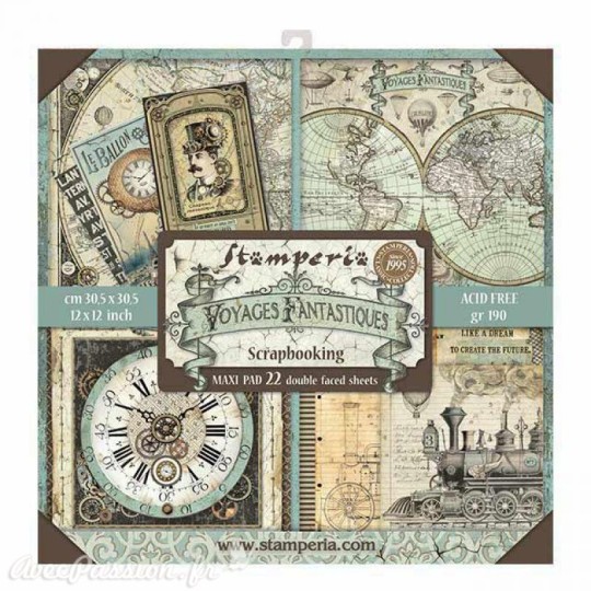 Papier scrapbooking assortiment voyages fantastiques 22f recto verso 30x30