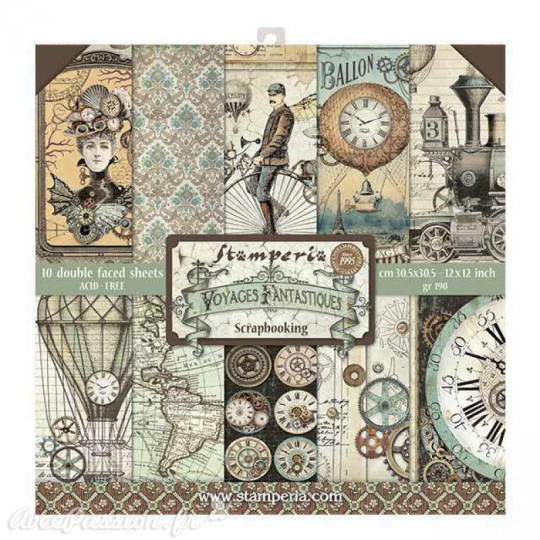 Papier scrapbooking assortiment voyages fantastiques 10f recto verso 30x30