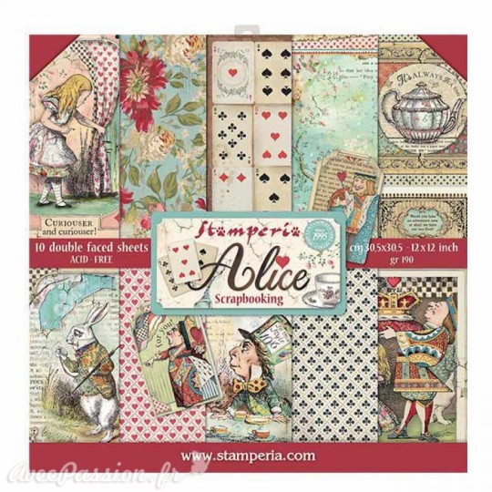 Papier scrapbooking assortiment alice 10f recto verso 30x30