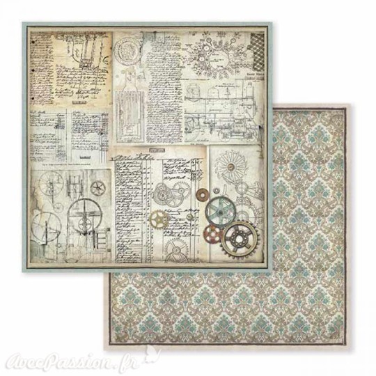 Papier scrapbooking réversible engrenages voyages fantastiques 30x30