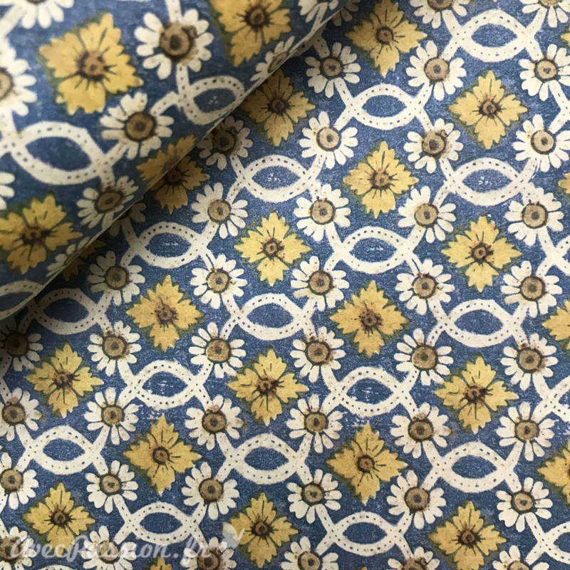 Papier tassotti à motifs fleurs bleu jaune