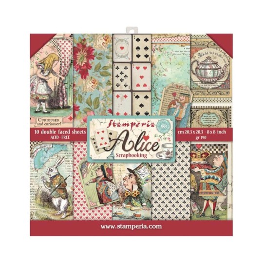 Papier scrapbooking assortiment Stamperia alice 10f 20x20 recto verso