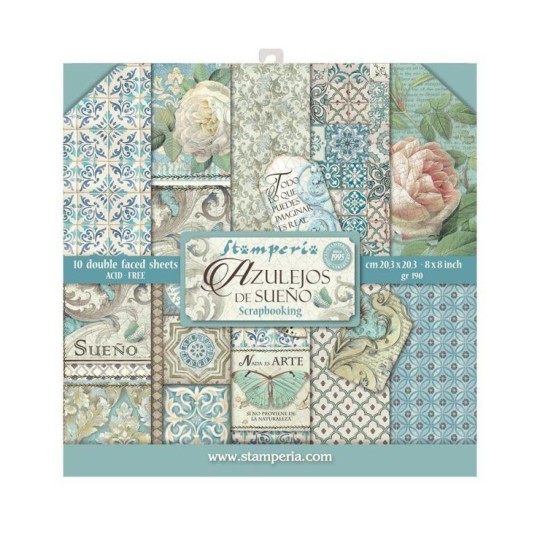 Papier scrapbooking assortiment Stamperia azulejos de sueno 10f 20x20 recto verso