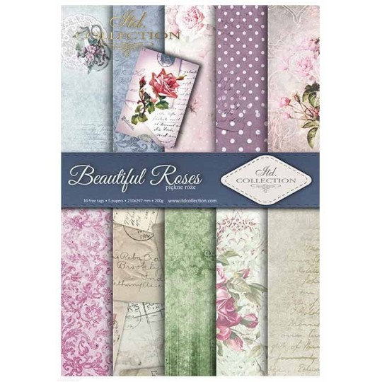 Papier scrapbooking A4 assortiment 12 tag + 5fe recto verso Beautiful roses