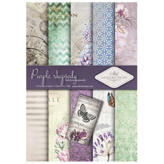 Papier scrapbooking A4 assortiment 12 tag + 5fe recto verso Purple rhapsody