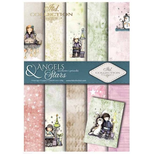 Papier scrapbooking A4 assortiment 12 tag + 5fe recto verso Angels & Stars