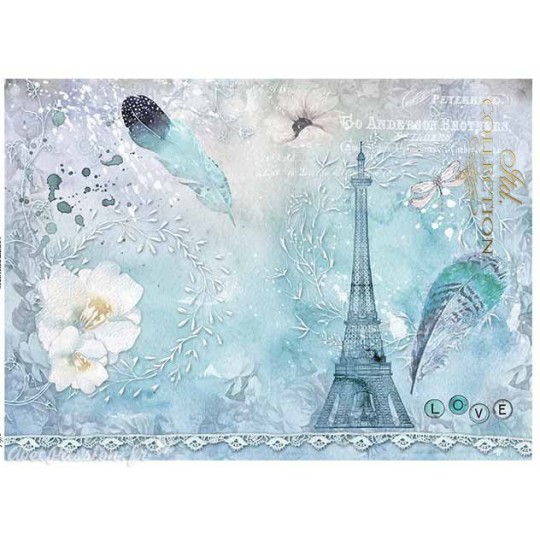 Papier scrapbooking sur papier calque A4 Tour Eiffel et plume sur bleu