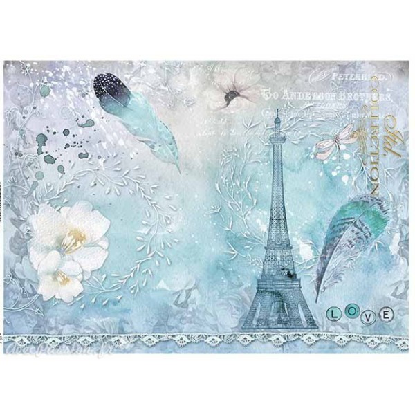 Papier scrapbooking sur papier calque A4 Tour Eiffel et plume sur bleu